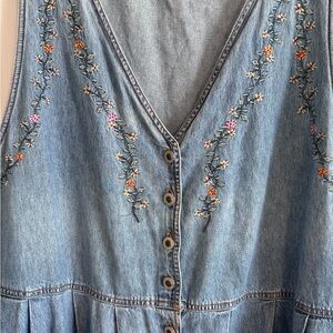 Cottage Core Vintage Denim Button-Front Dress with Floral Embroidery